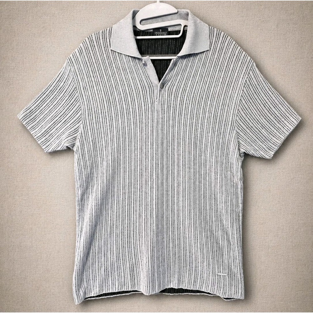 Trussardi Jeans Made in Italy Mens Knit Polo Shirt Blue Stripe Viscose‎ Cotton